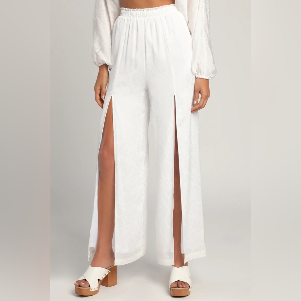 Lulus Celebrate the Sun Ivory Jacquard Slit-Leg Pants XS